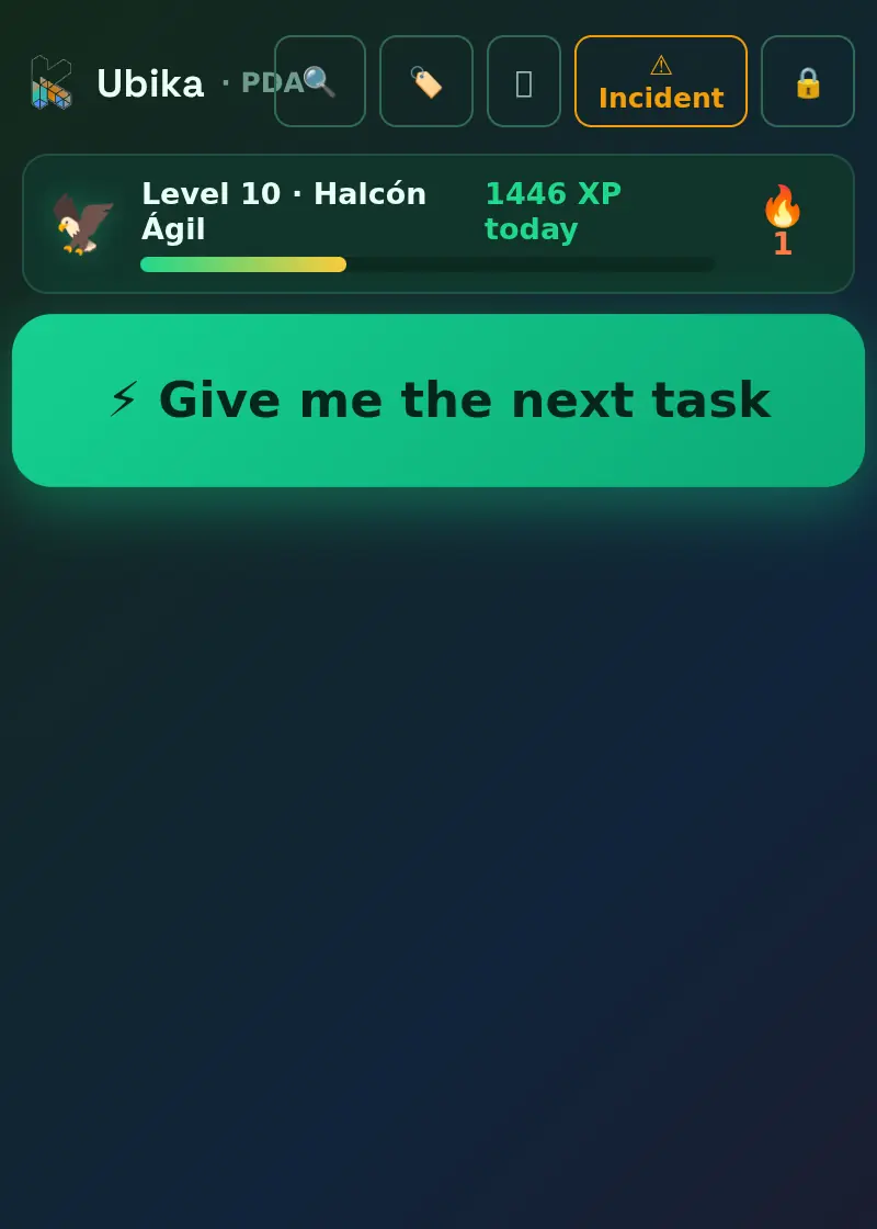 The operator terminal in Ubika: level, XP for the day and streak (gamification), with the button to request the next task